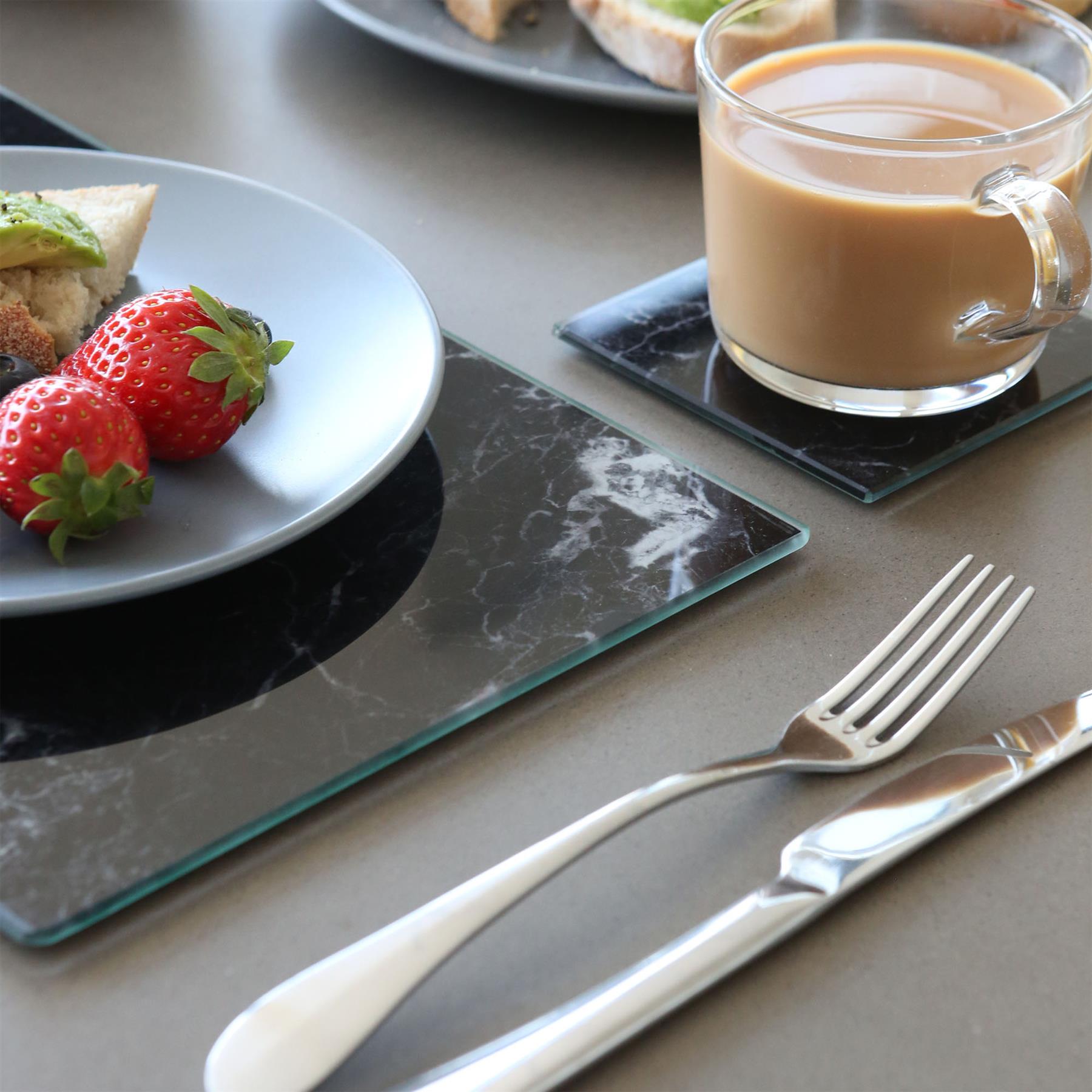 12pc Rectangle Glass Placemats & Square Coasters Set - 30cm x 20cm - Marble