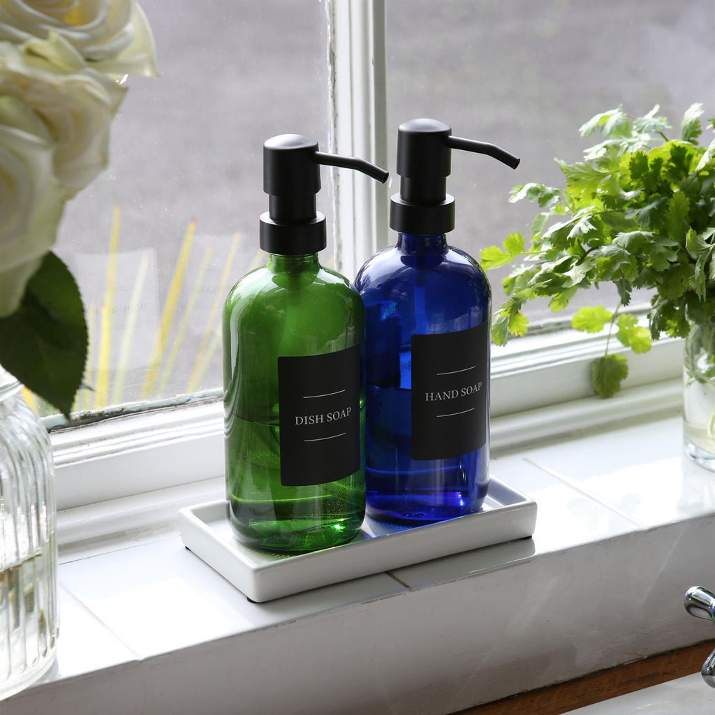 2pc Glass Soap Dispenser Set with Ceramic Tray & Labels - 500ml
