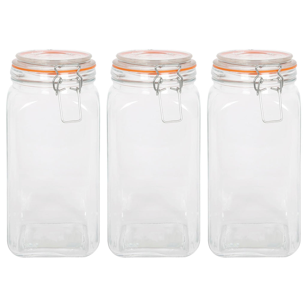 1.7L Square Glass Jars with Clip-Top Lids - Pack of Three