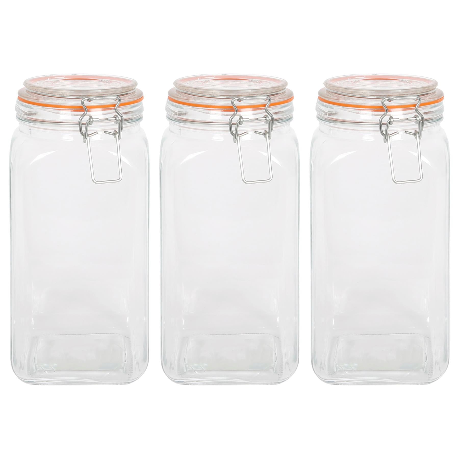 1.7L Square Glass Jars with Clip-Top Lids - Pack of Three