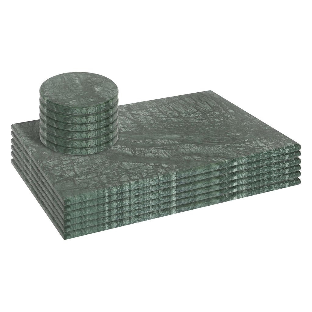 12pc Rectangle Marble Placemats & Round Coasters Set - 30cm x 20cm - Green