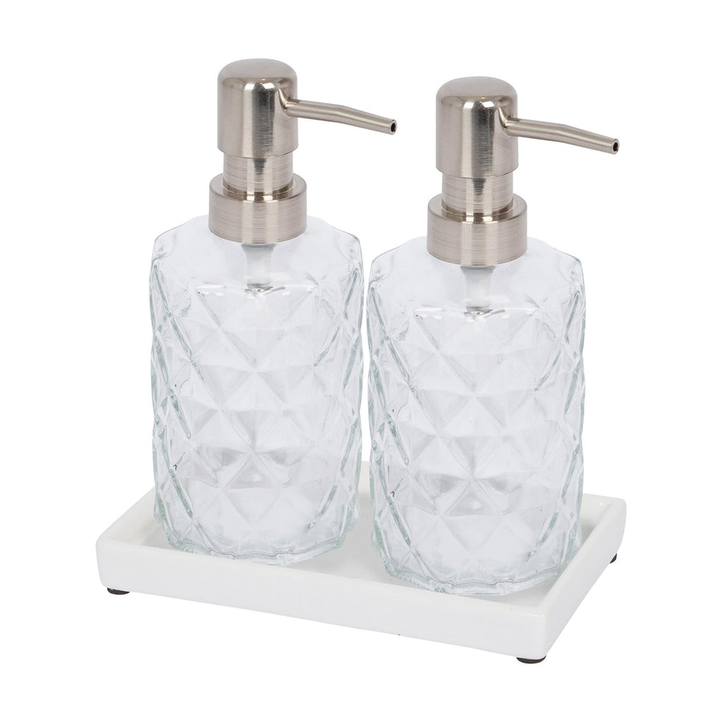 2pc Prism Glass Soap Dispenser Set with Ceramic Tray - 330ml