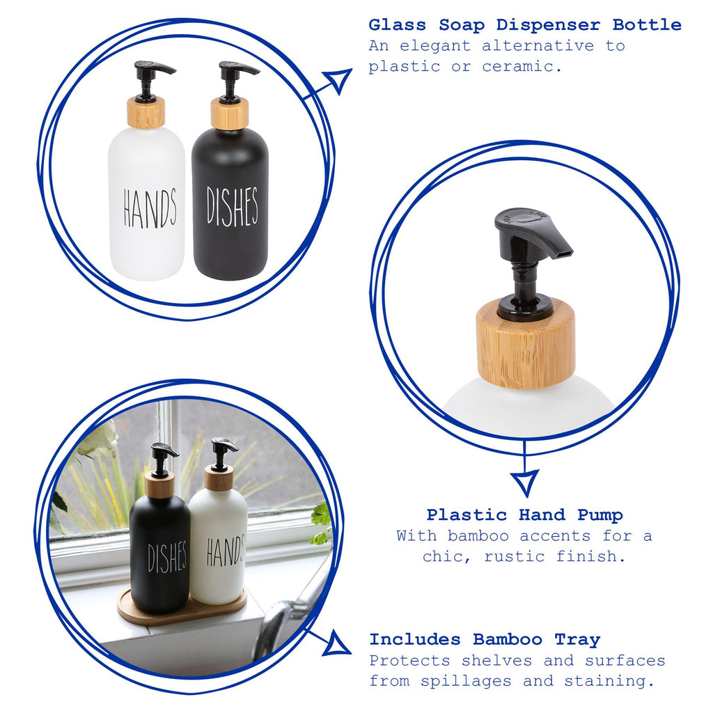 2pc Glass Hand & Dish Soap Dispenser Set with Bamboo Tray - 500ml