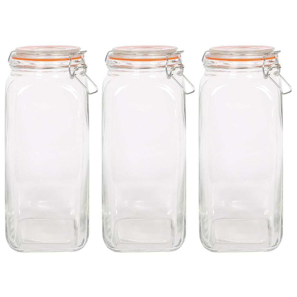 2L Square Glass Jars with Clip-Top Lids - Pack of Three