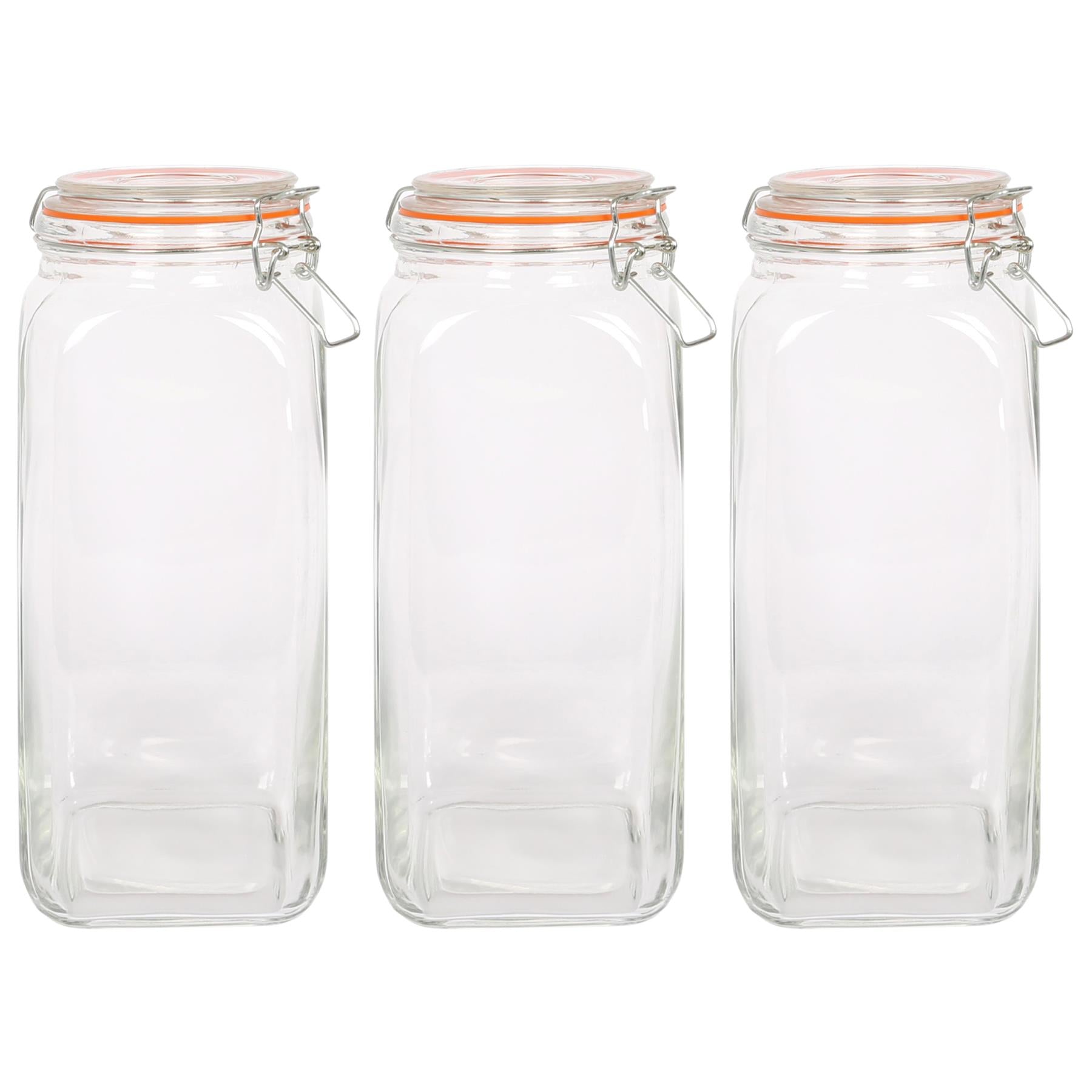 2L Square Glass Jars with Clip-Top Lids - Pack of Three
