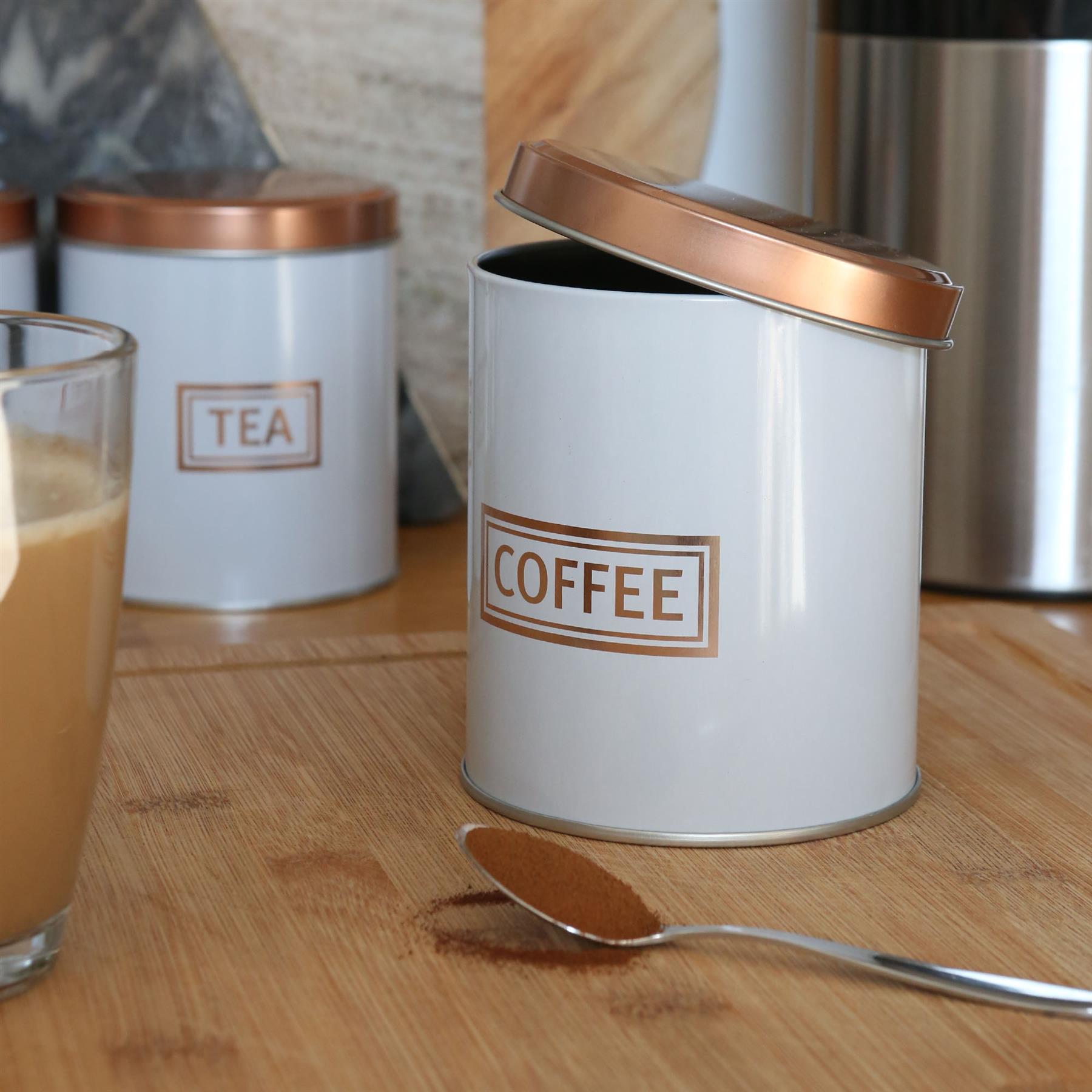 3pc Round Metal Tea Coffee Sugar Canister Set