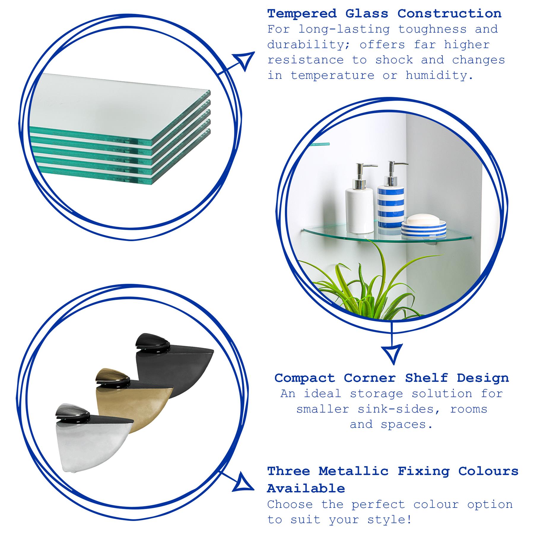 Floating Glass Bathroom Corner Shelves - 30cm - Pack of 3