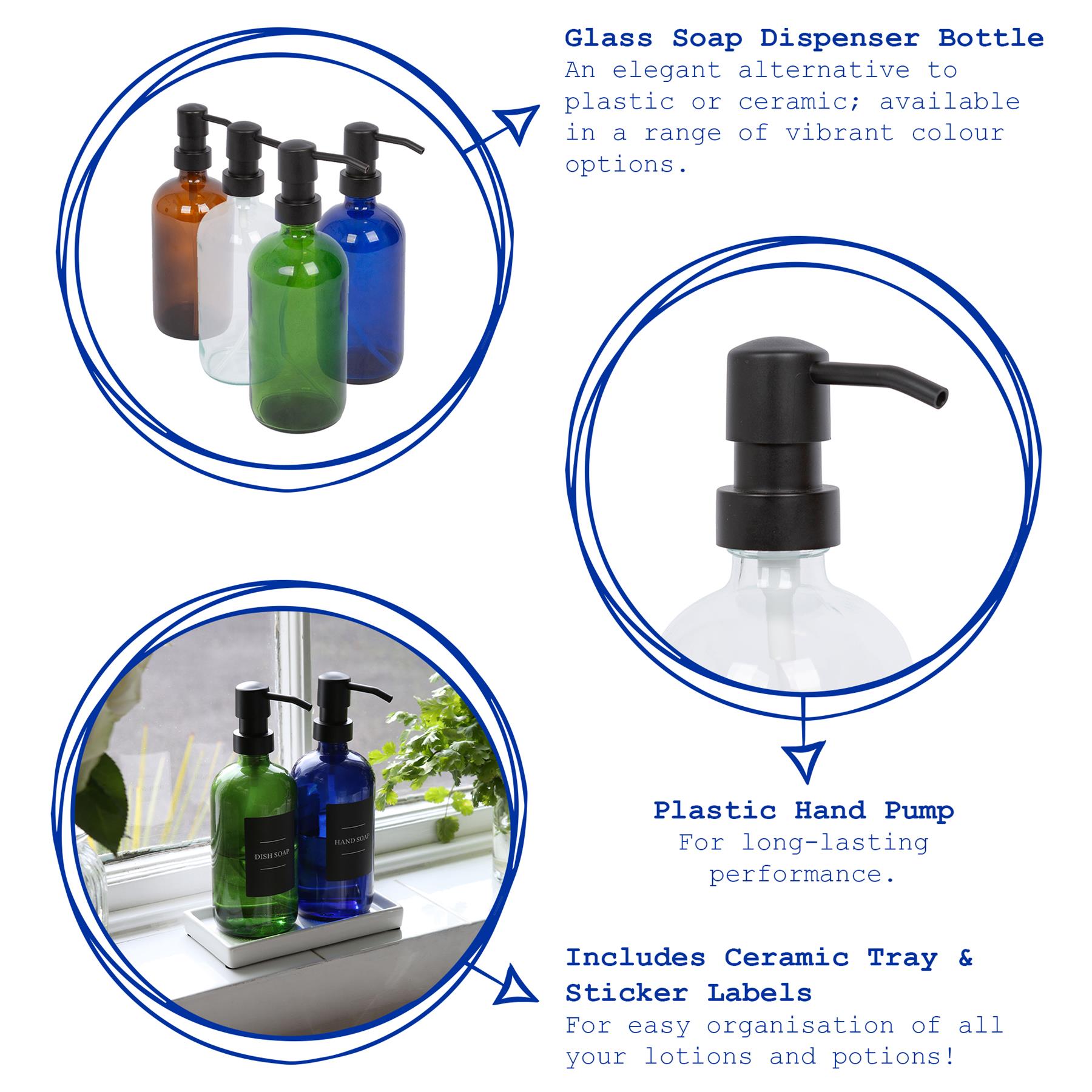 2pc Glass Soap Dispenser Set with Ceramic Tray & Labels - 500ml