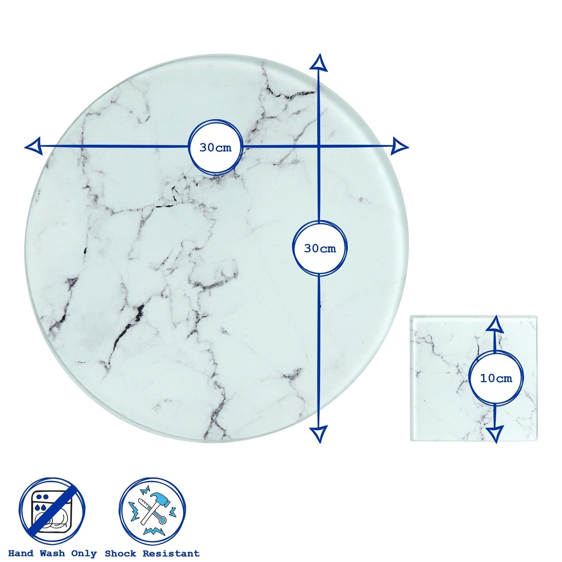 12pc Round Glass Placemats & Square Coasters Set - 30cm - Marble