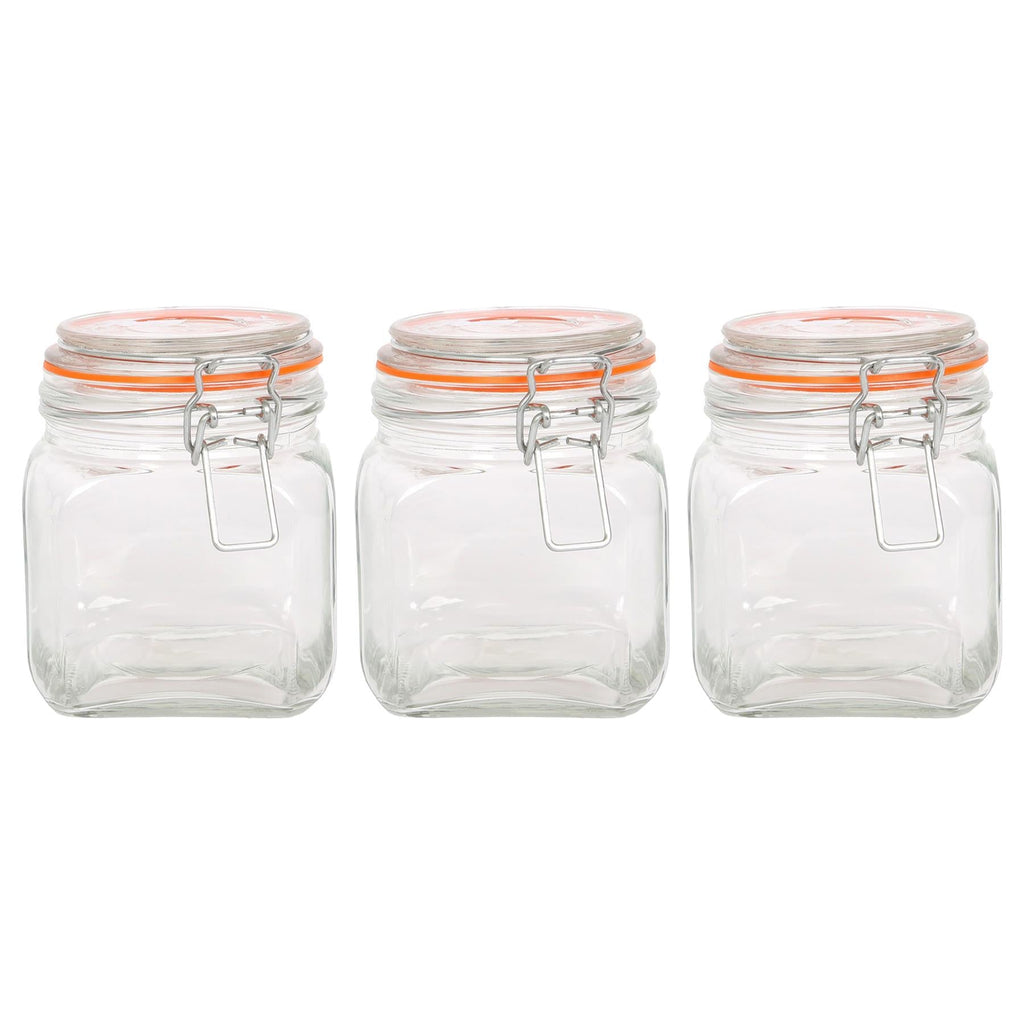 760ml Square Glass Jars with Clip-Top Lids - Pack of Three