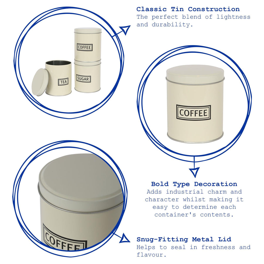 3pc Round Metal Tea Coffee Sugar Canister Set