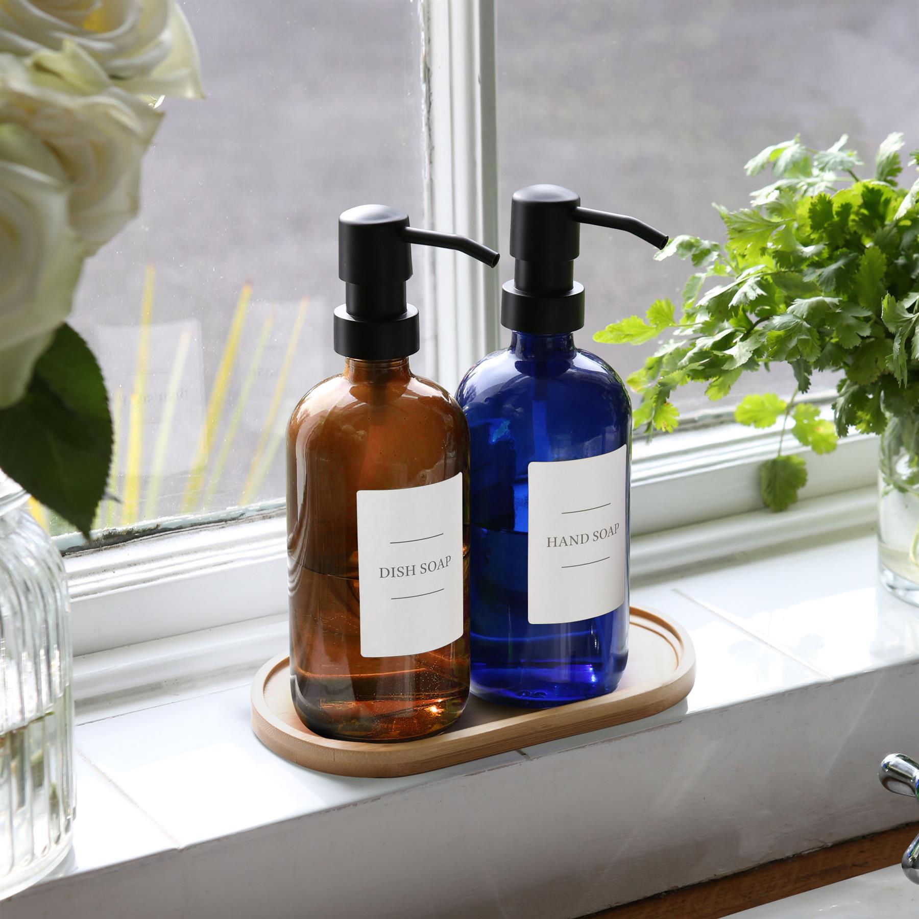 2pc Glass Soap Dispenser Set with Bamboo Tray & Labels - 500ml