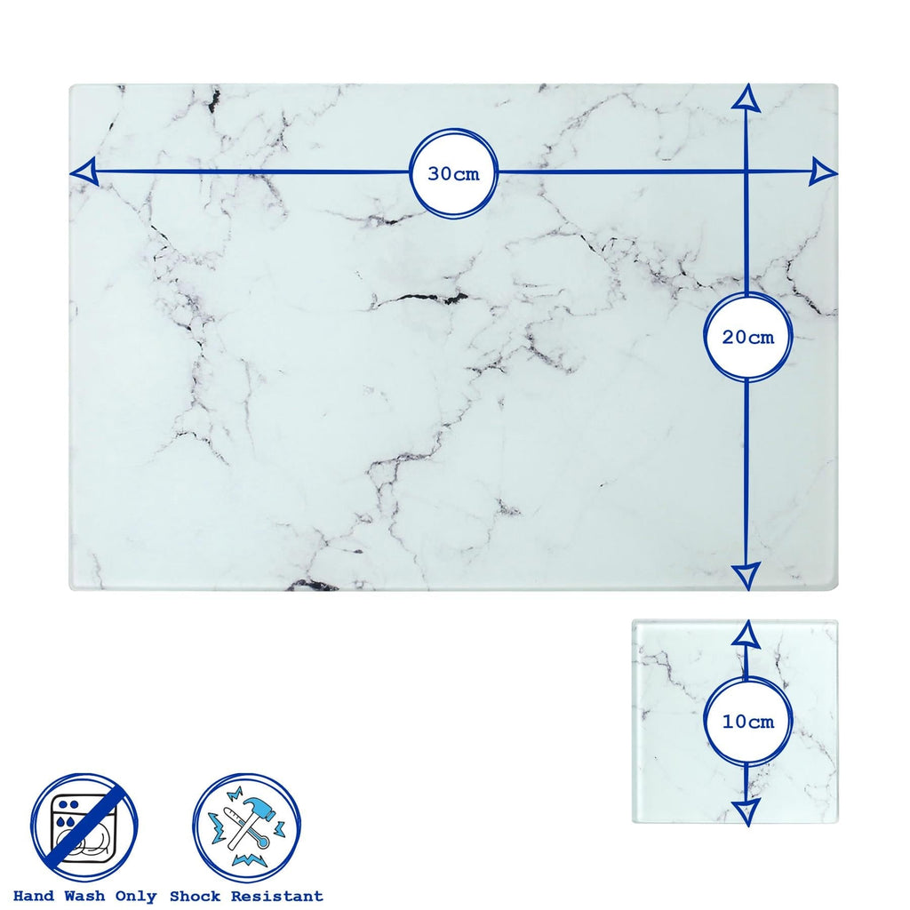 12pc Rectangle Glass Placemats & Square Coasters Set - 30cm x 20cm - Marble