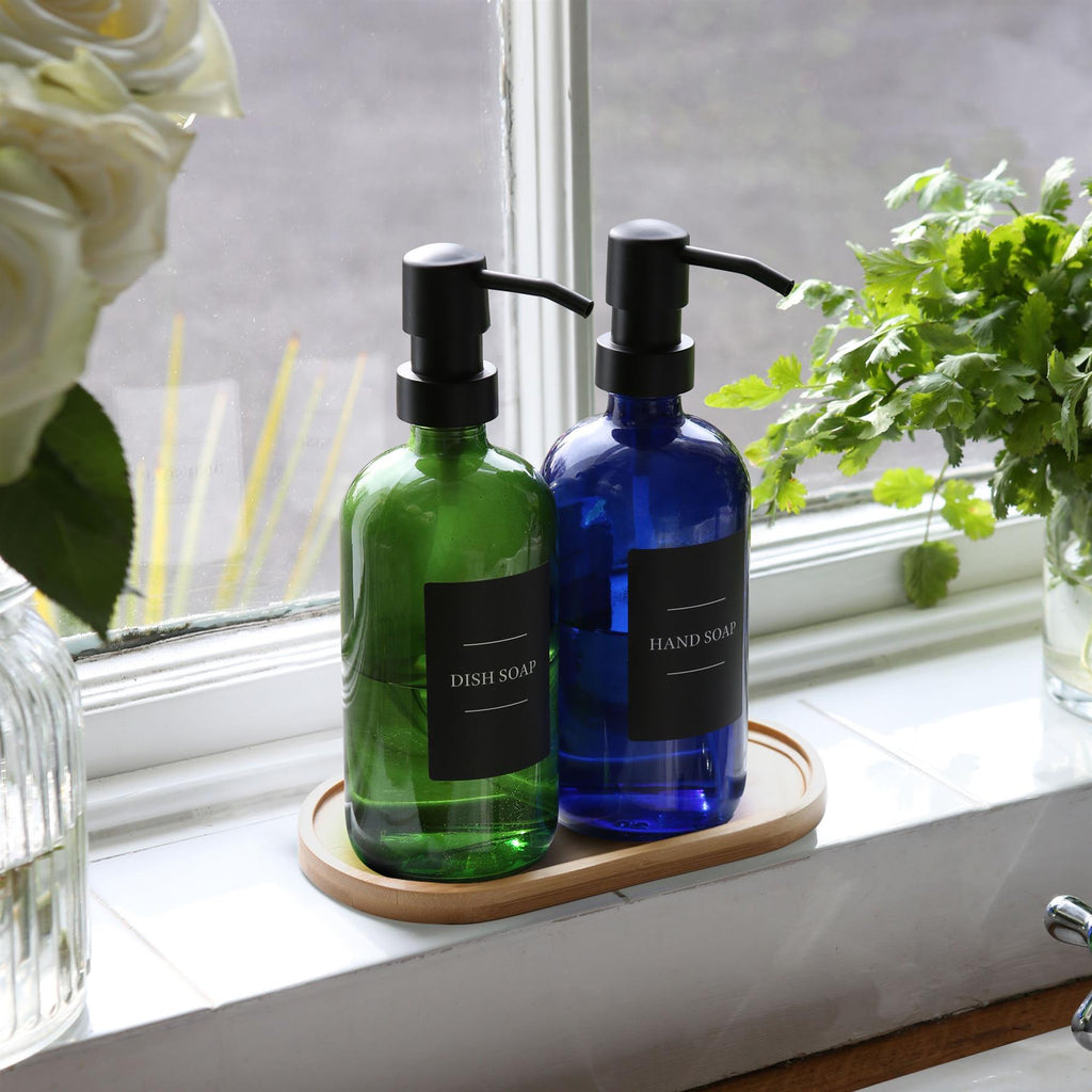 2pc Glass Soap Dispenser Set with Bamboo Tray & Labels - 500ml