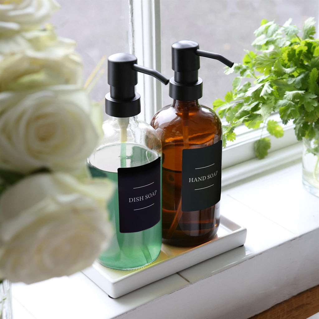 2pc Glass Soap Dispenser Set with Ceramic Tray & Labels - 500ml