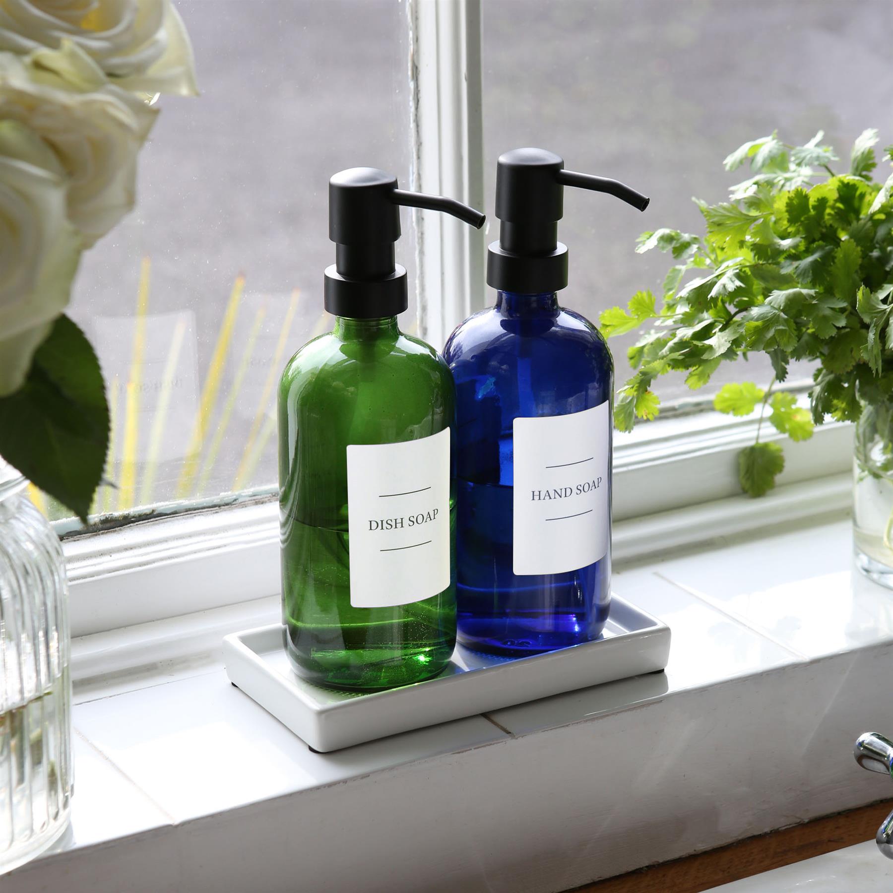 2pc Glass Soap Dispenser Set with Ceramic Tray & Labels - 500ml