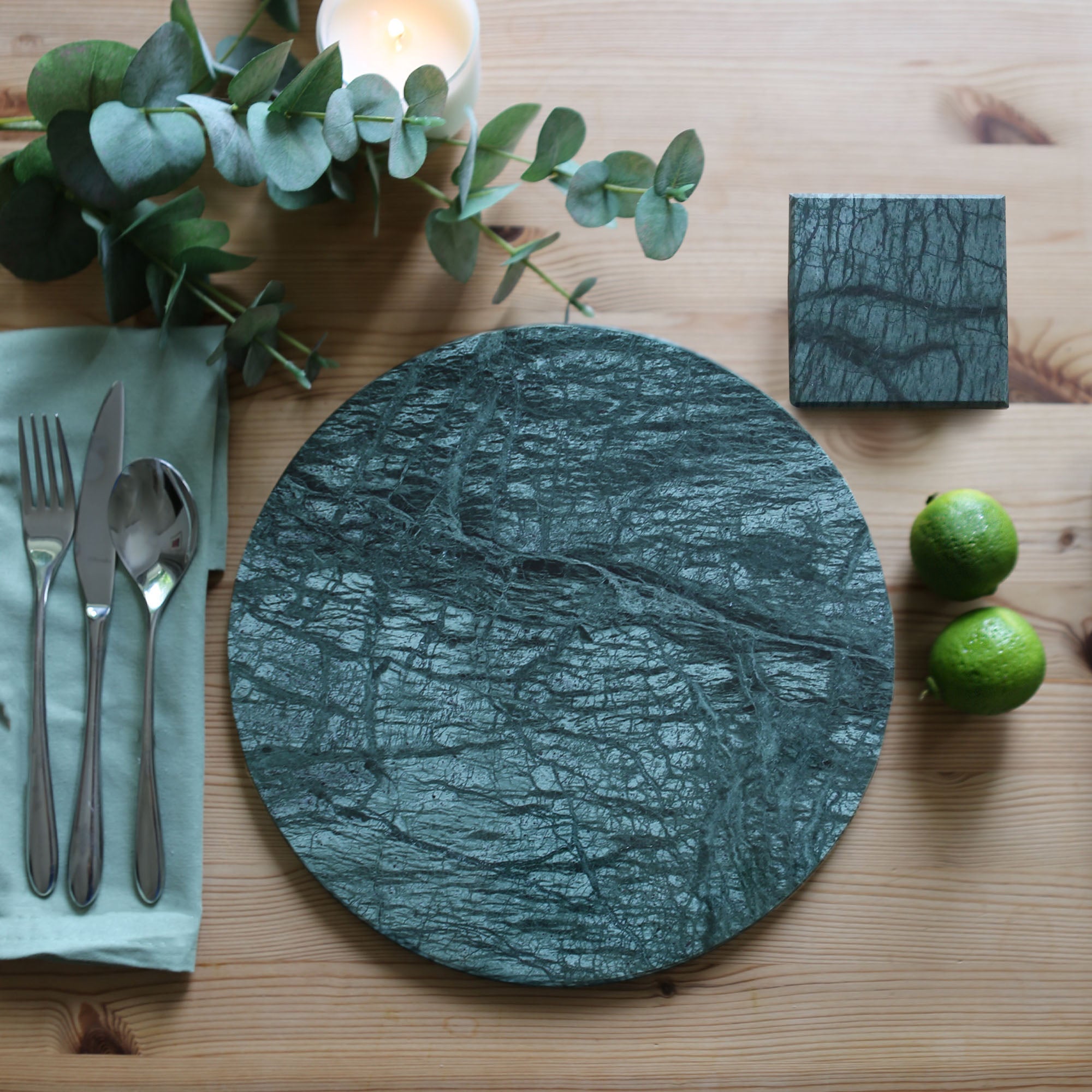 12pc Round Marble Placemats & Square Coasters Set - 30cm - Green