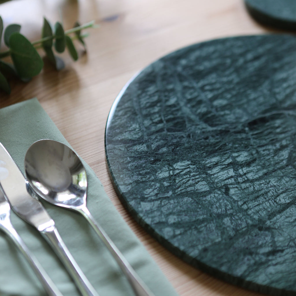 12pc Round Marble Placemats & Square Coasters Set - 30cm - Green