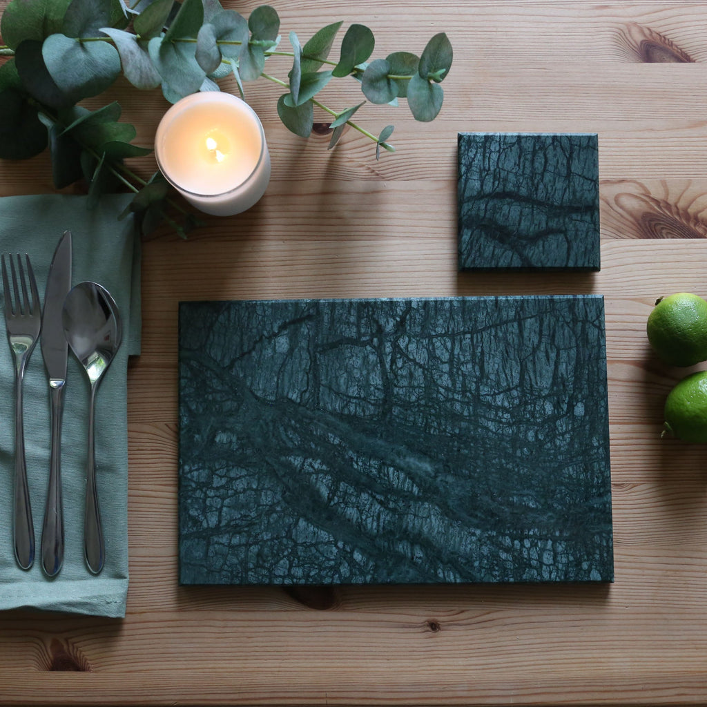 12pc Rectangle Marble Placemats & Square Coasters Set - 30cm x 20cm - Green