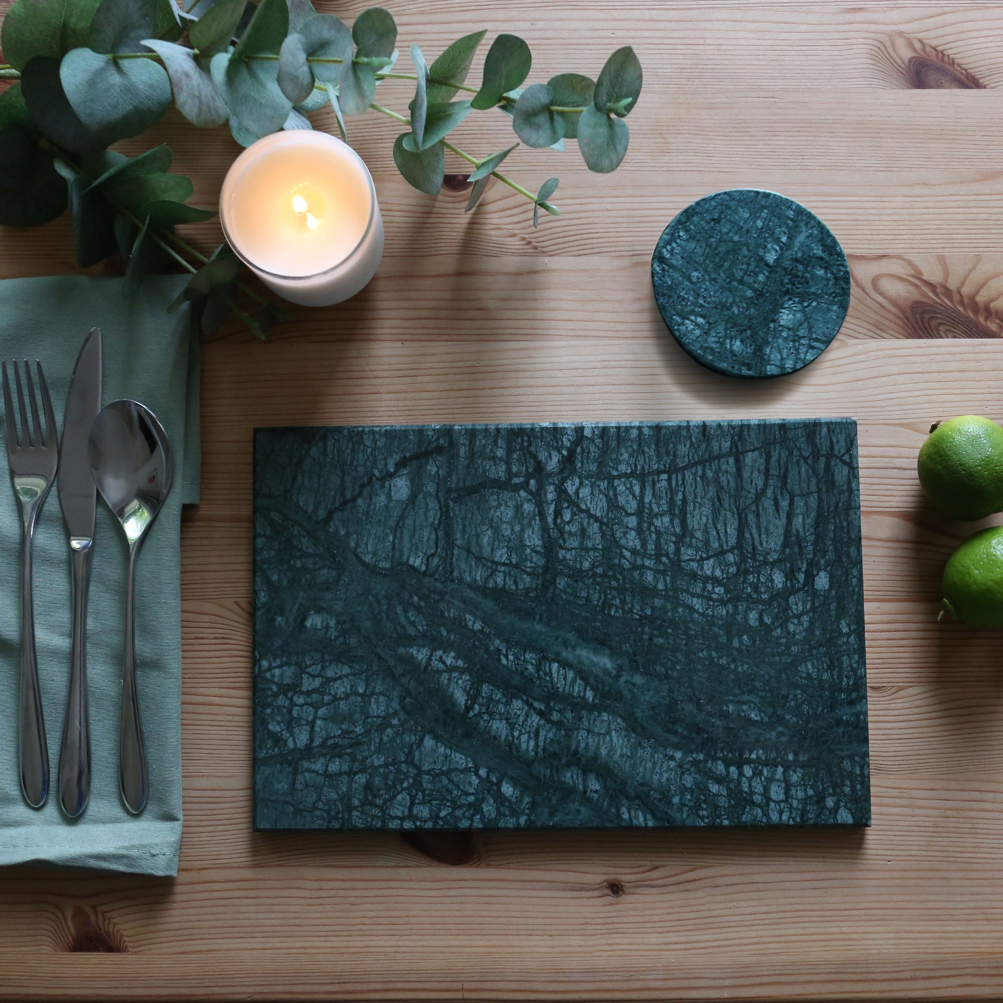 12pc Rectangle Marble Placemats & Round Coasters Set - 30cm x 20cm - Green