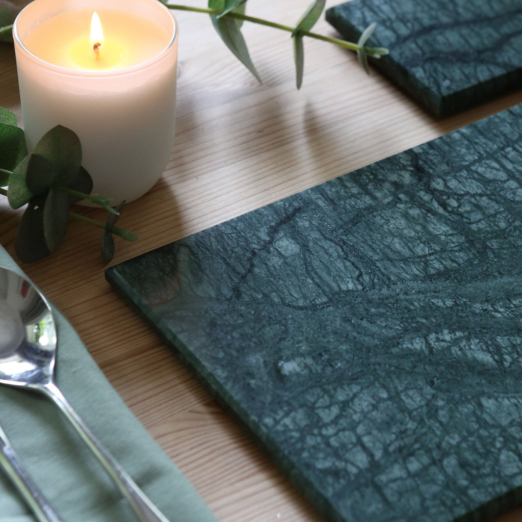 12pc Rectangle Marble Placemats & Square Coasters Set - 30cm x 20cm - Green