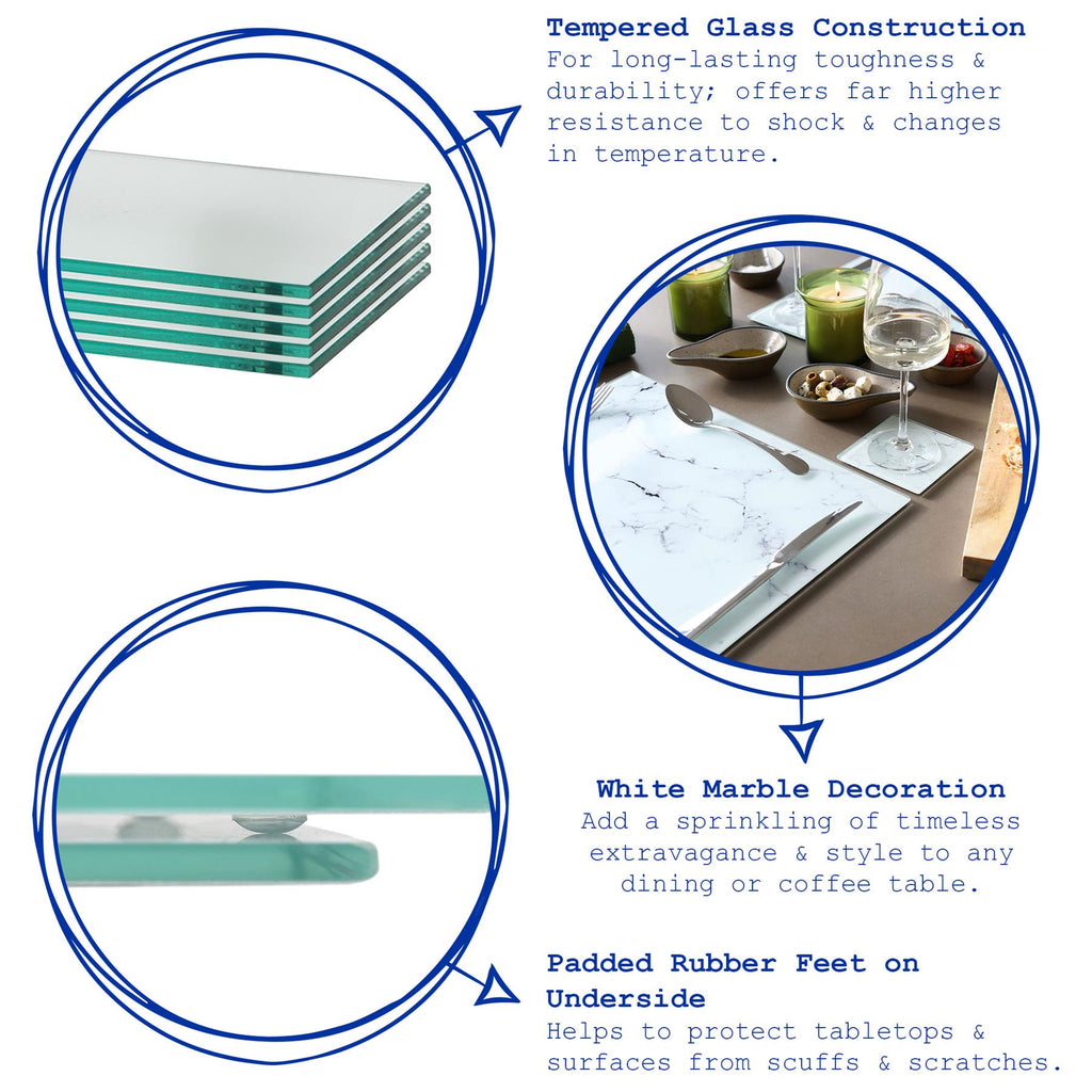 12pc Rectangle Glass Placemats & Round Coasters Set - 30cm x 20cm - Marble