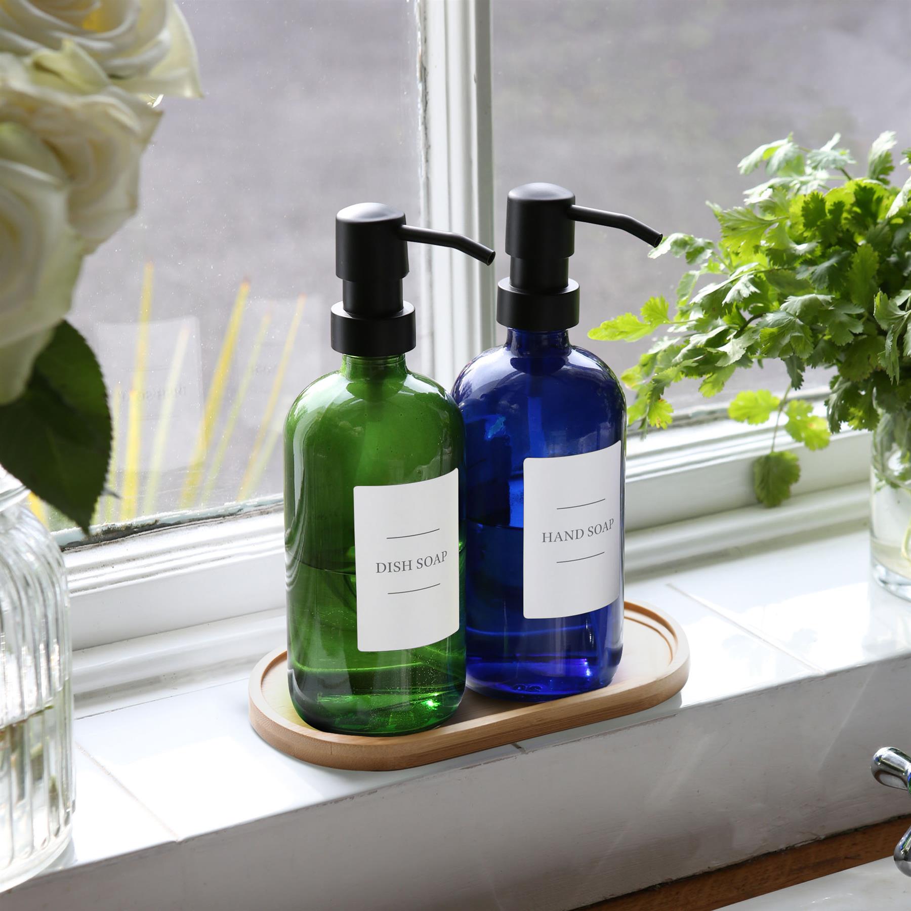 2pc Glass Soap Dispenser Set with Bamboo Tray & Labels - 500ml
