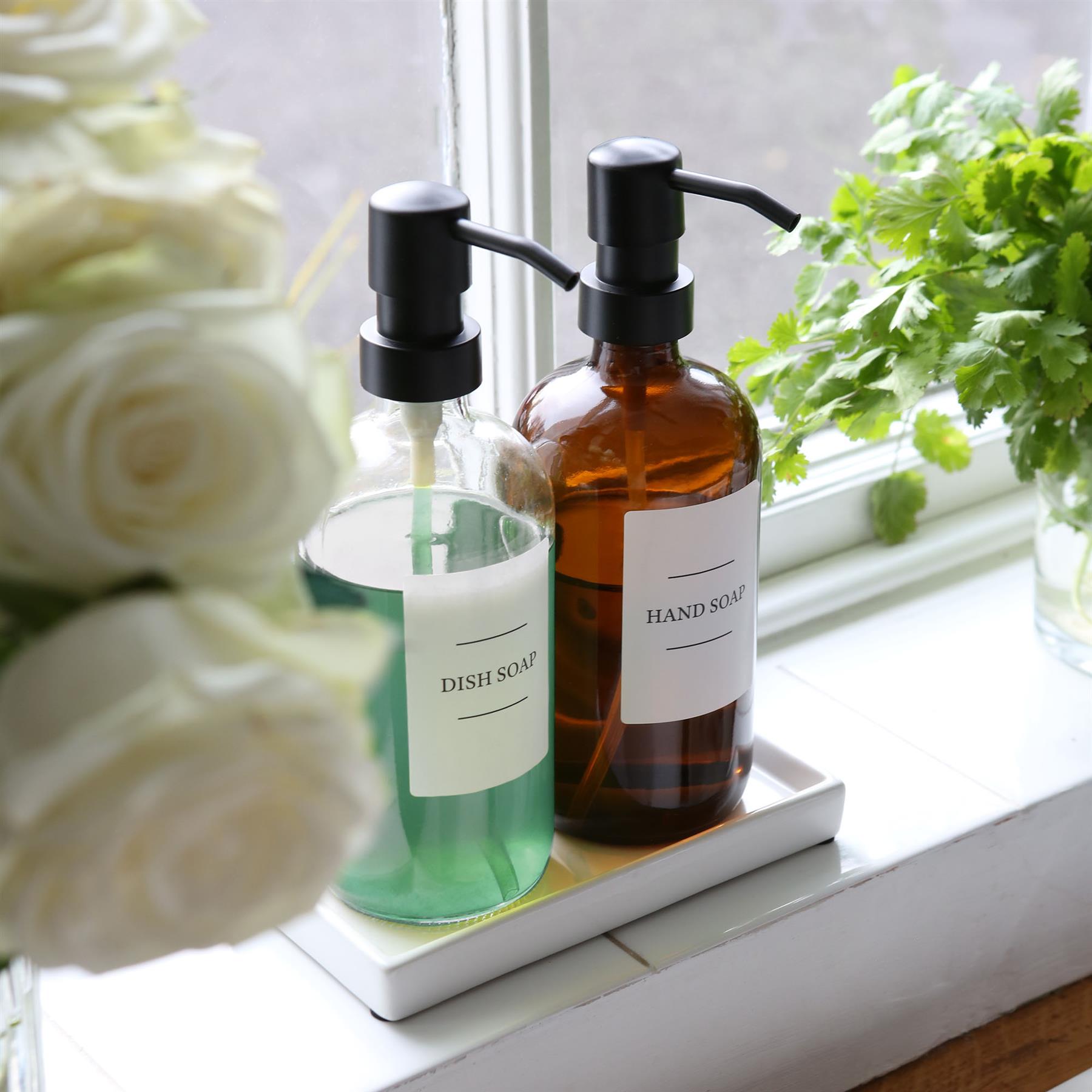 2pc Glass Soap Dispenser Set with Ceramic Tray & Labels - 500ml