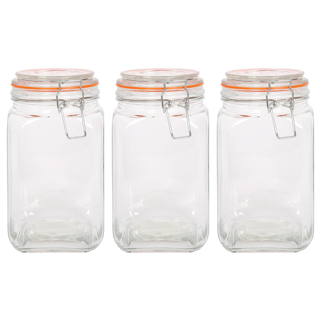 1.25L Square Glass Jars with Clip-Top Lids - Pack of Three