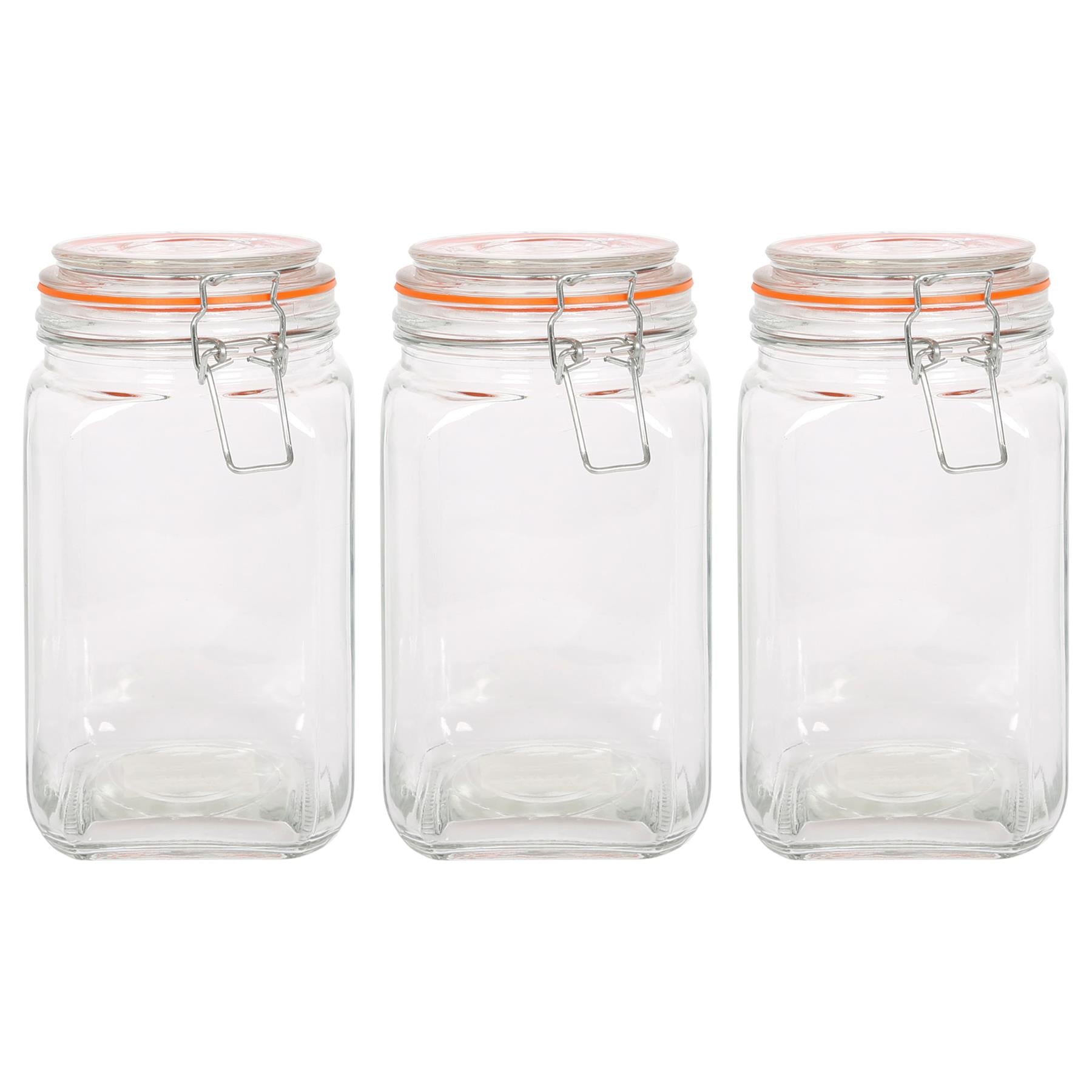 1.25L Square Glass Jars with Clip-Top Lids - Pack of Three