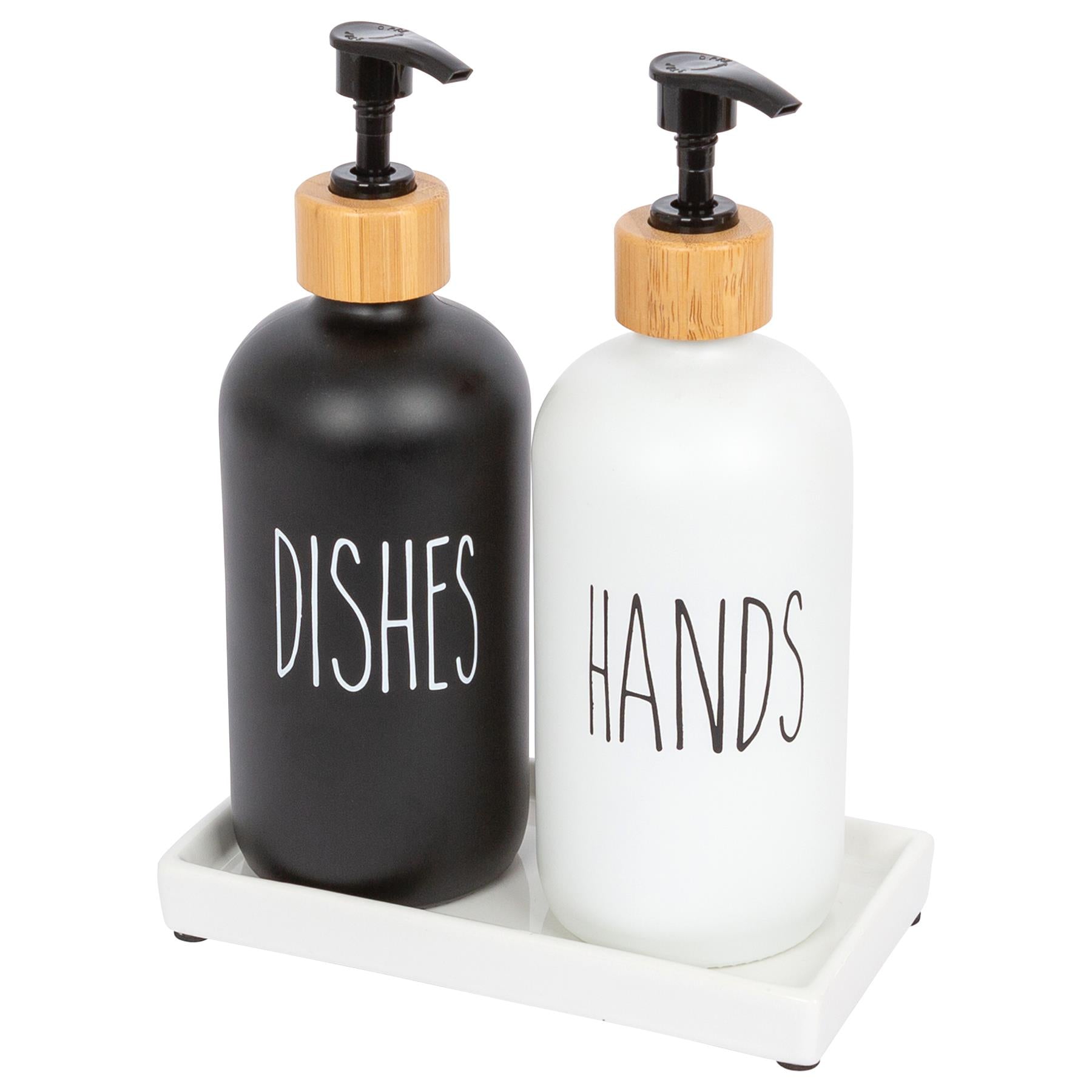 2pc Glass Hand & Dish Soap Dispenser Set with Ceramic Tray - 500ml