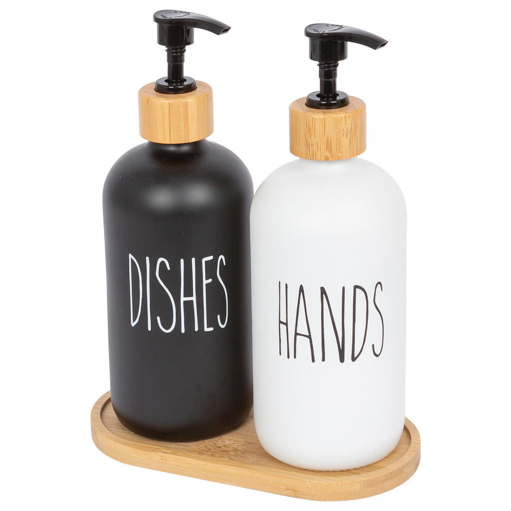 2pc Glass Hand & Dish Soap Dispenser Set with Bamboo Tray - 500ml