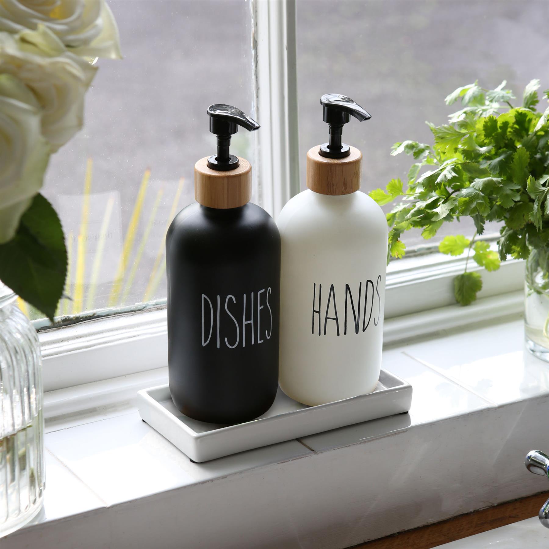 2pc Glass Hand & Dish Soap Dispenser Set with Ceramic Tray - 500ml