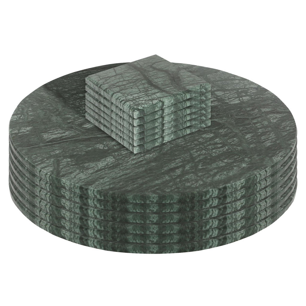 12pc Round Marble Placemats & Square Coasters Set - 30cm - Green