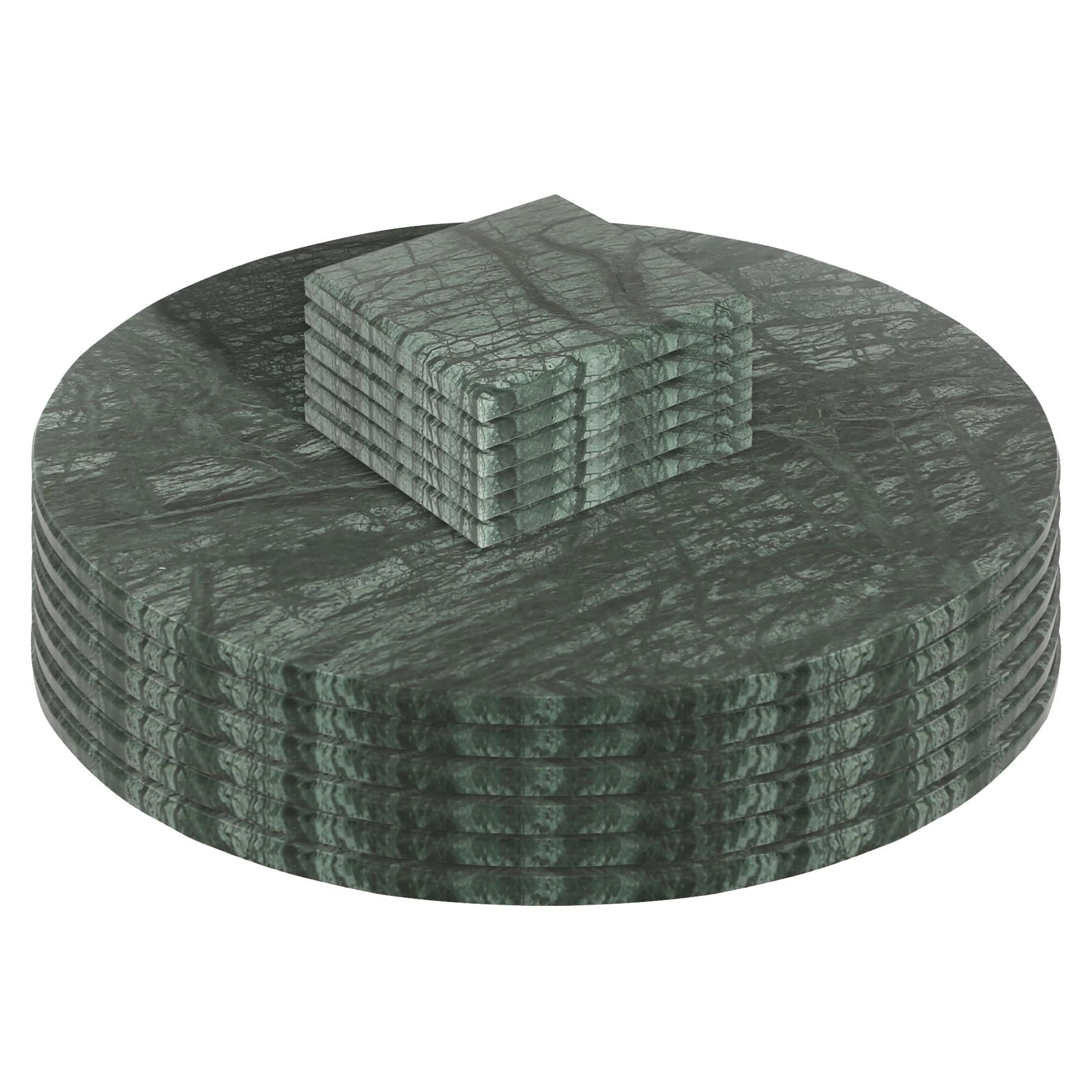 12pc Round Marble Placemats & Square Coasters Set - 30cm - Green