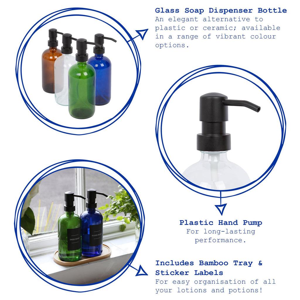 2pc Glass Soap Dispenser Set with Bamboo Tray & Labels - 500ml